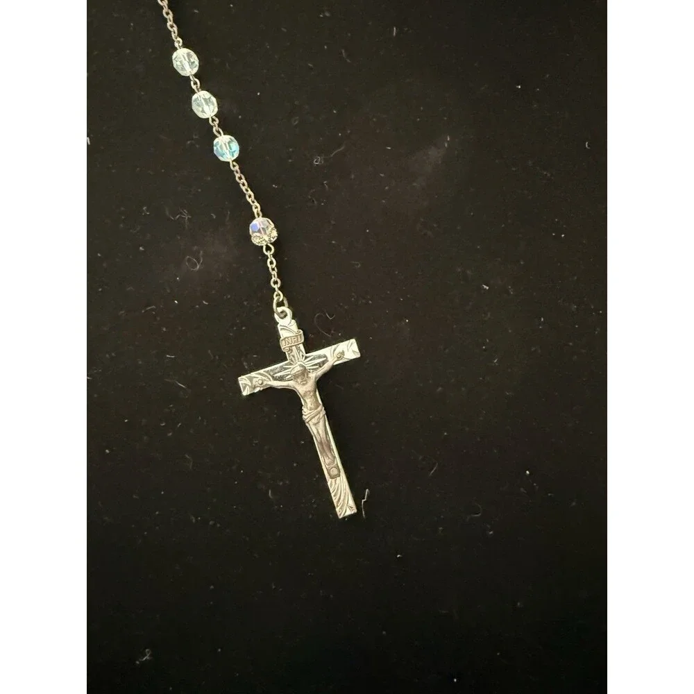 Vintage Sterling Silver AB Crystal Catholic Rosary Italy Crucifix Marian Medal